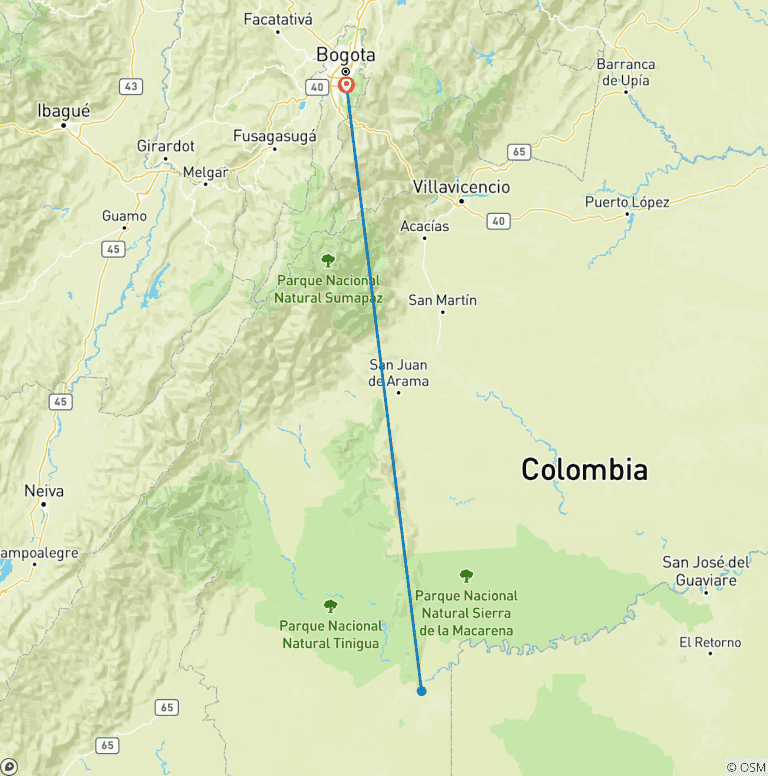 Map of Caño Cristales 3 days tour from Bogota