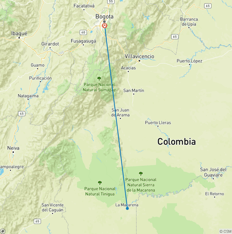 Map of Caño Cristales 3 days tour from Bogota