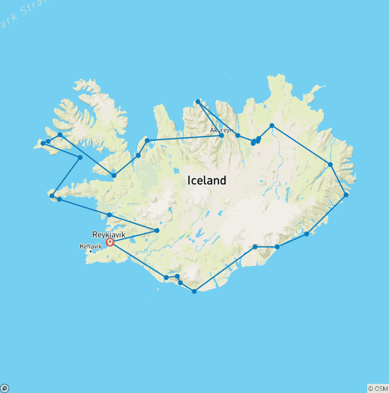 Map of 12 Days Grand Tour of Iceland