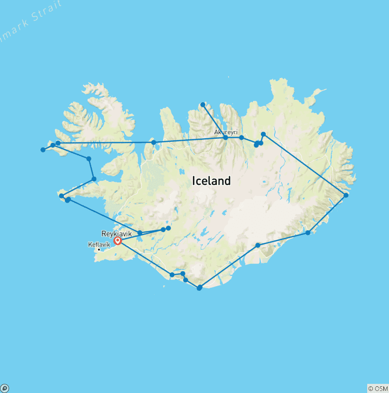 Map of 12 Days Grand Tour of Iceland