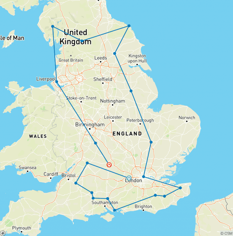 Map of English Odyssey - 14 Days/13 Nights
