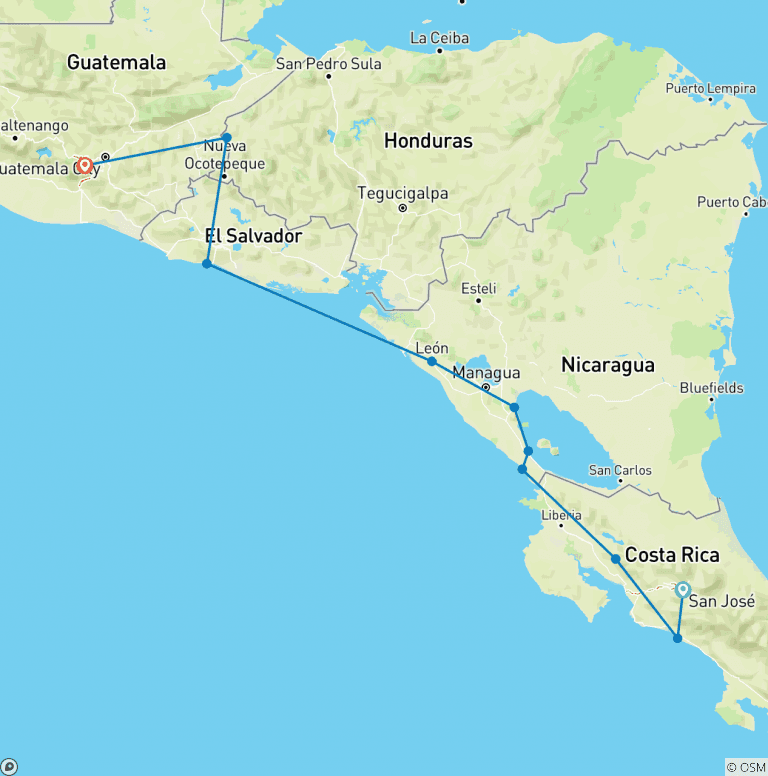 Map of San Jose to Antigua Travel Pass