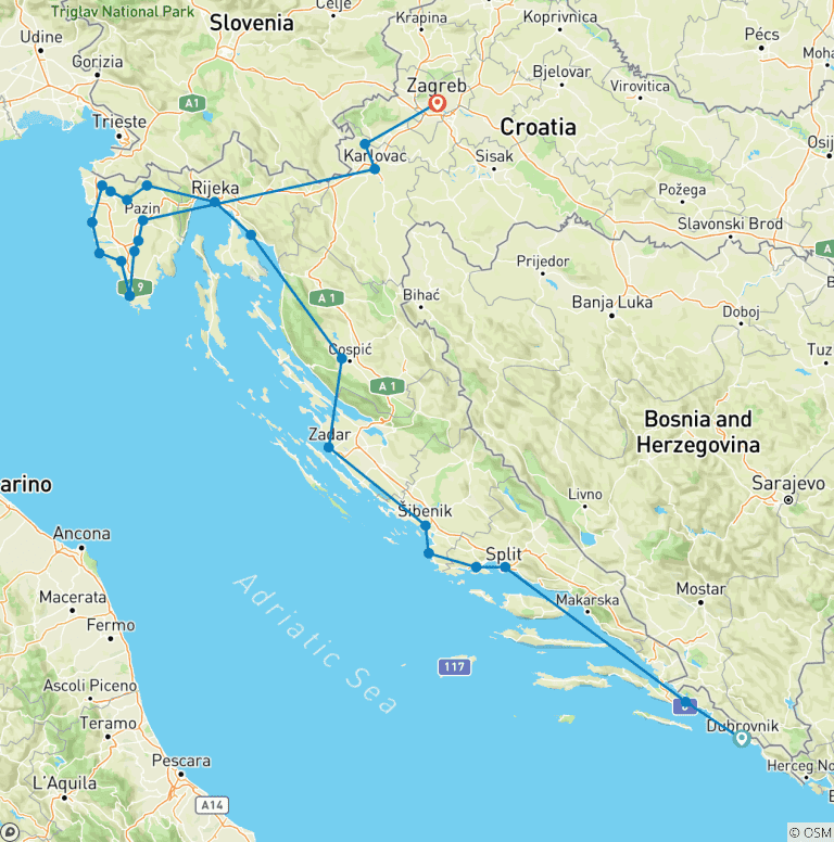 Map of From Dubrovnik to Zagreb: Dalmatia and Istria 17-day tour. Prime Adriatic coastal destinations! Zadar, Sibenik, Split, Trogir and more! UNESCO sites, ancient walled cities and medieval hilltop towns. Plenty of nature history and Venetian architecture