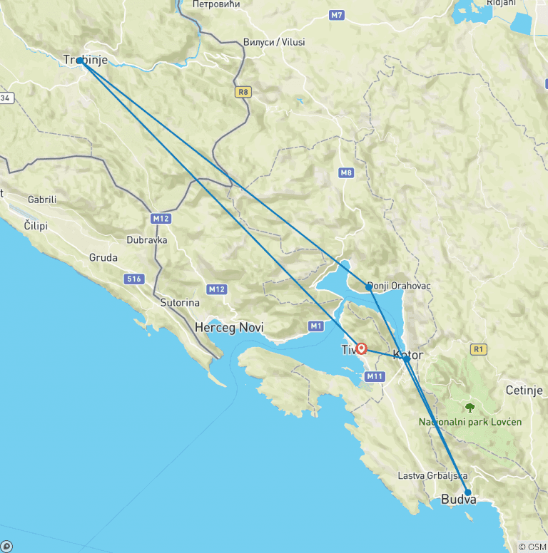 Map of All seasons Bosnia+Montenegro 3 days mini discovery tour from Tivat. Kotor, Budva, Perast, Trebinje, Tvrdos, Vjetrenica Cave. UNESCO sites. Nature. Architecture. Culture. Wine. Cuisine. History. Old towns. Ancient monasteries.
