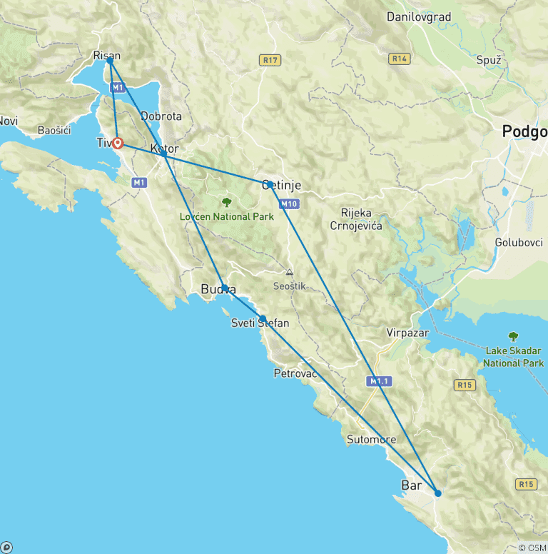 Map of Montenegro off-season 3 days discovery mini tour from Tivat. Visit Kotor, Budva, Stari Bar, Dajbabe, Cetinje.