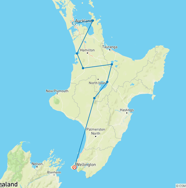 Map of New Zealand Northern Trail (Southbound) (16 destinations)