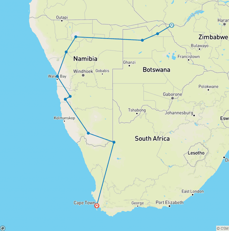 Map of Victoria Falls to Table Mountain - 20 days