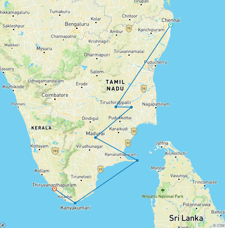 Map of Tamilnadu Temple Tour (A Budget Friendly Tour)