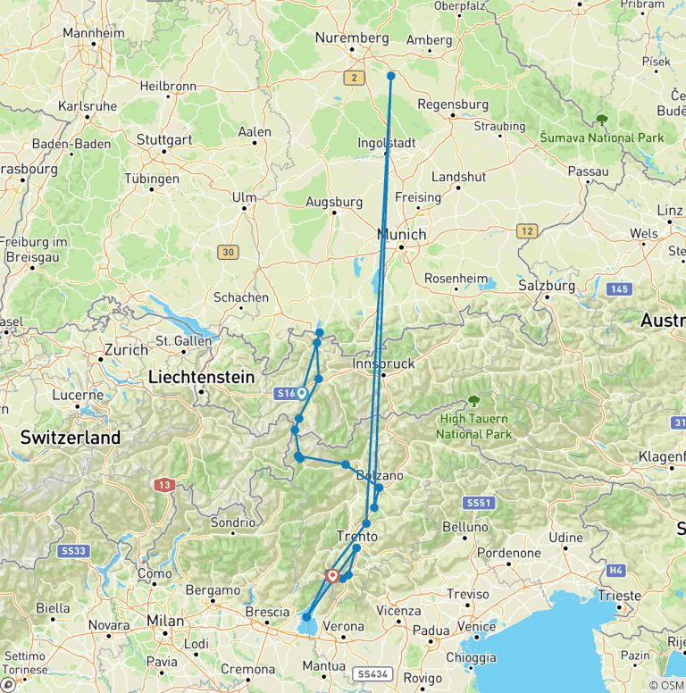 Map of Via Claudia Augusta - Crossing the Alps - Füssen - Riva del Garda - (7 Days)