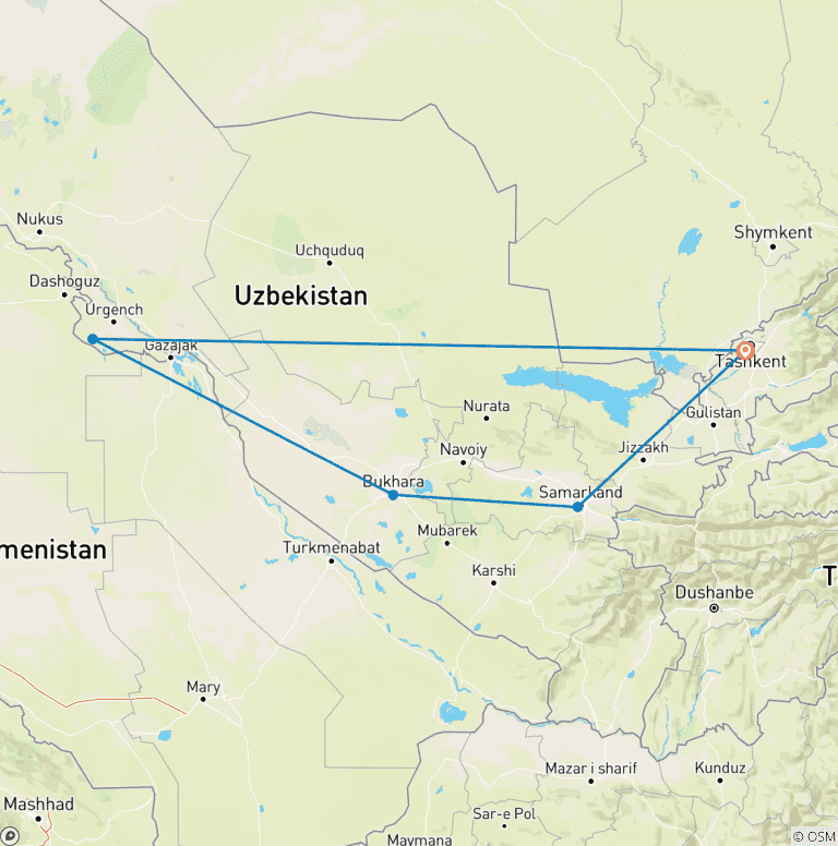 Map of Uzbekistan cultural tour - 10 days