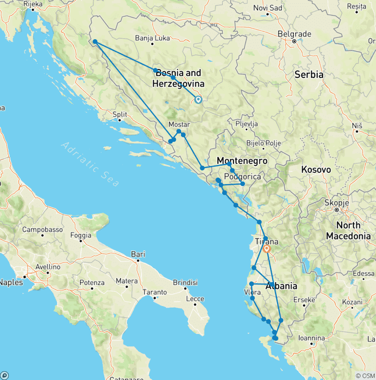 Map of Off-season 21 days Bosnia+Montenegro+Albania tour from Sarajevo. The Balkans off the beaten path. UNESCO sites. Nature. Culture. History.