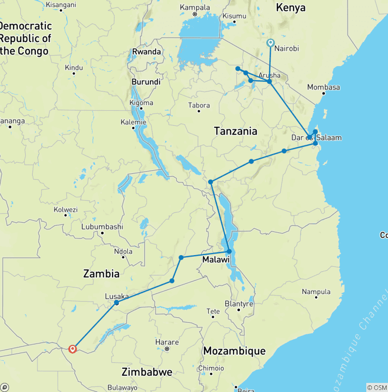 Map of Nairobi to Victoria Falls 2026 - Explorer & Classic Tours