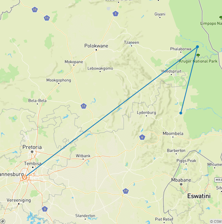 Map of 5 DAY - KRUGER SAFARI OVERLAND TOUR / ACCOMMODATED