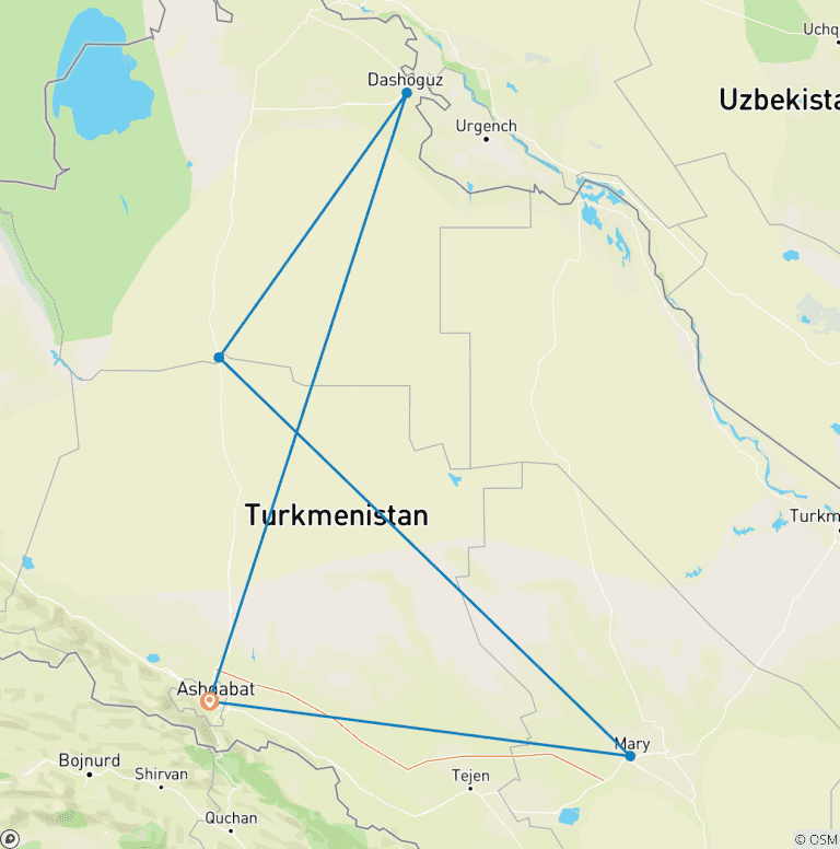 Map of Customized Private 6 Days Turkmenistan Trip, Daily Departure