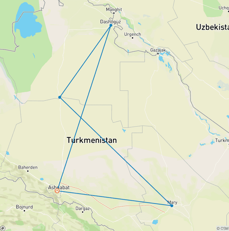 Map of Customized Private 6 Days Turkmenistan Trip, Daily Departure