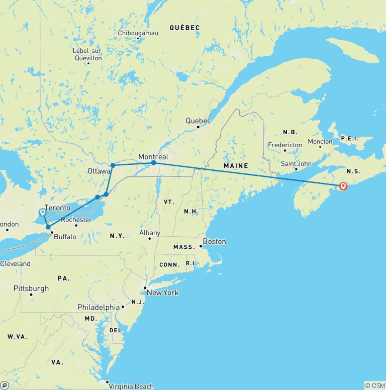 Map of Ontario & French Canada with Ocean Train to Halifax