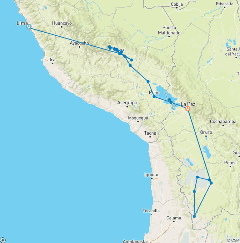 Map of The Best of Peru & Bolivia Budget: Lima, Cusco, Sacred Valley, Machupicchu, Rainbow Mountain, Humantay Lake or Moray & Salt Mines, Titicaca Lake, Copacabana, Sun Island, Uyuni Salt Flats & All Lagoons