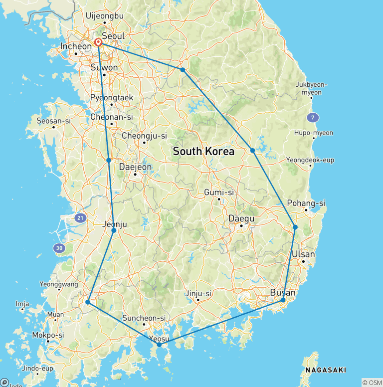 Map of 【South Korea】10 Days Scenic South Korea with Hanbok Royal Cuisine Experience Tour Packages