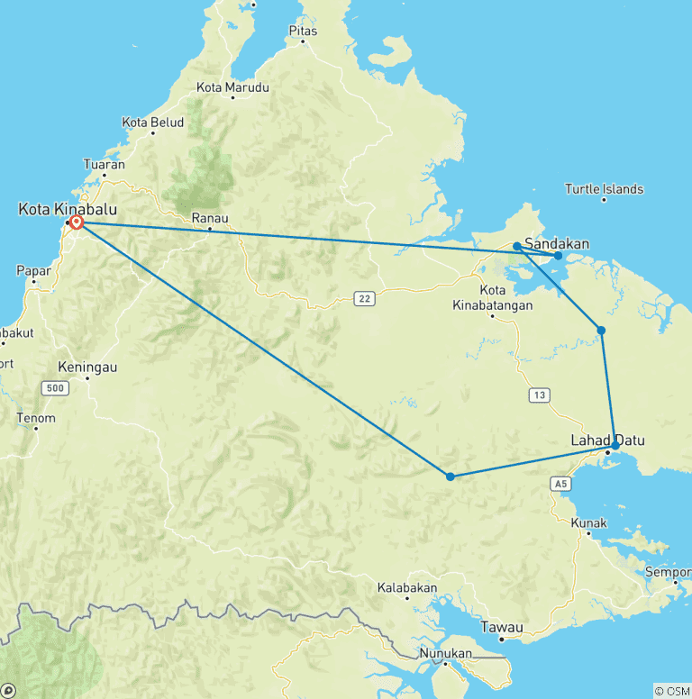 Map of Customized Malaysia Borneo Wildlife Adventure, Daily Start