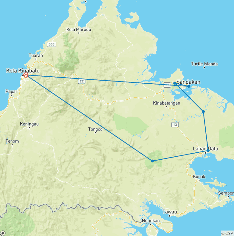 Map of Customized 10 Days Malaysia Borneo Wildlife Tour, Daily Start & Private Guide