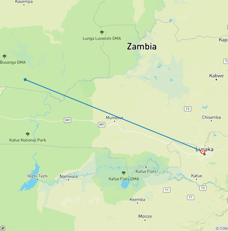 Map of Tailor-Made Kafue Wildlife Safari in Zambia, Daily Departure & Private Trip