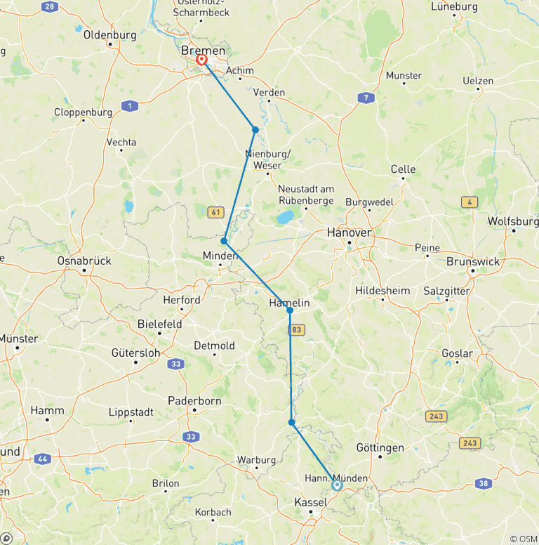 Map of Weser: The Sporty from Hann. Münden to Bremen (7 days)