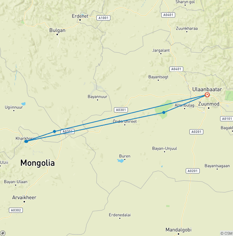 Map of Erdenezuu Monastary and Khustai National Park 3D 2N