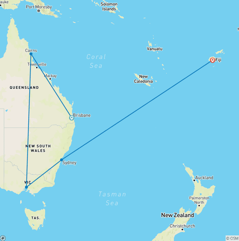 Map of AUSTRALIA – Fiji Highlights with Brisbane Cairns Melbourne Sydney
