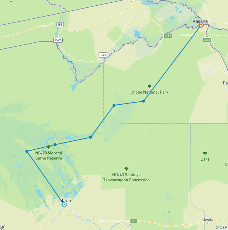 Map of Tailor-Made Botswana Tour with Mobile Camping Safari, Daily Departure