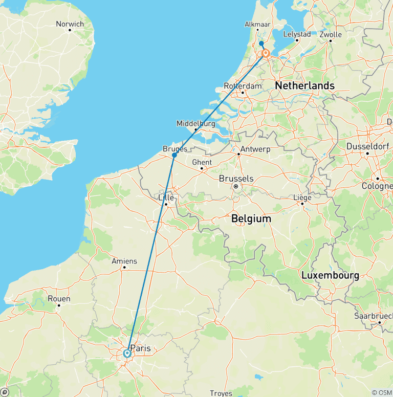 Map of Best of Western Europe in a week- Paris, Brugge and Amsterdam