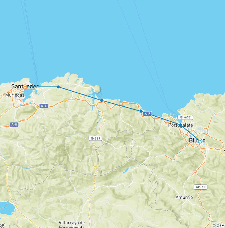 Map of Northern Way of Saint James from Bilbao to Santander (7 days)