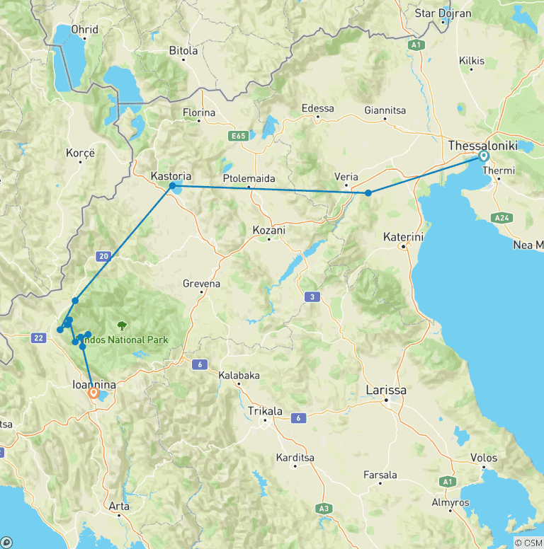 Map of Greece Zagori UNESCO mountain stone villages and old stone bridges in 14 days. Roadtrip Thessaloniki to Ioannina. History, culture, nature, architecture and gastronomy.