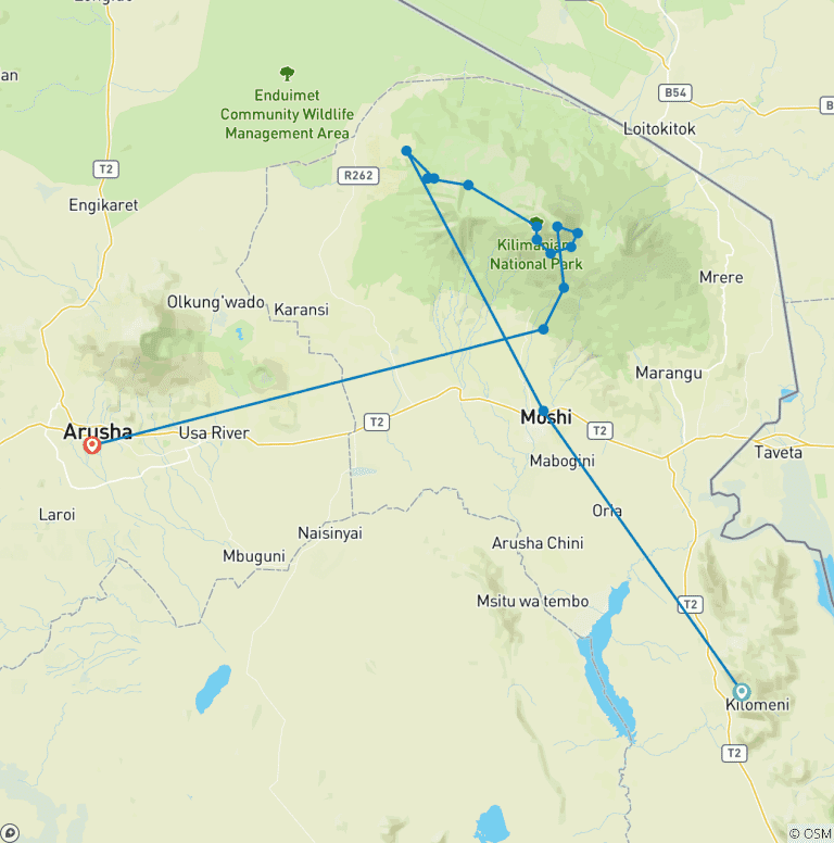 Map of Mountain kilimanjaro climbing through lemosho route 10 days (all accommodation and transport are included)