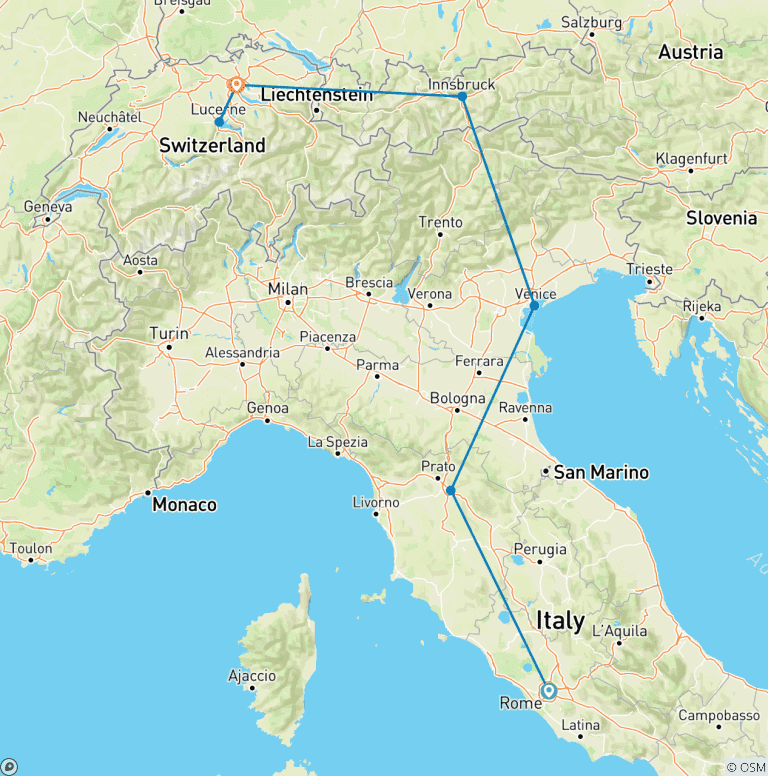 Map of 7-Day Classical Italy and Switzerland