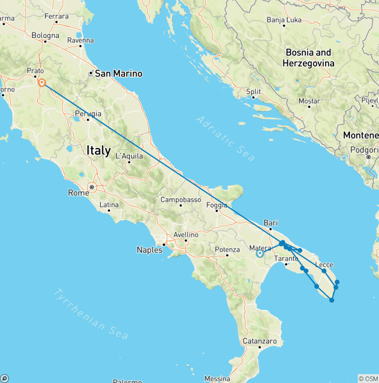 Map of Cycling the Heel of Italy - Matera to Lecce