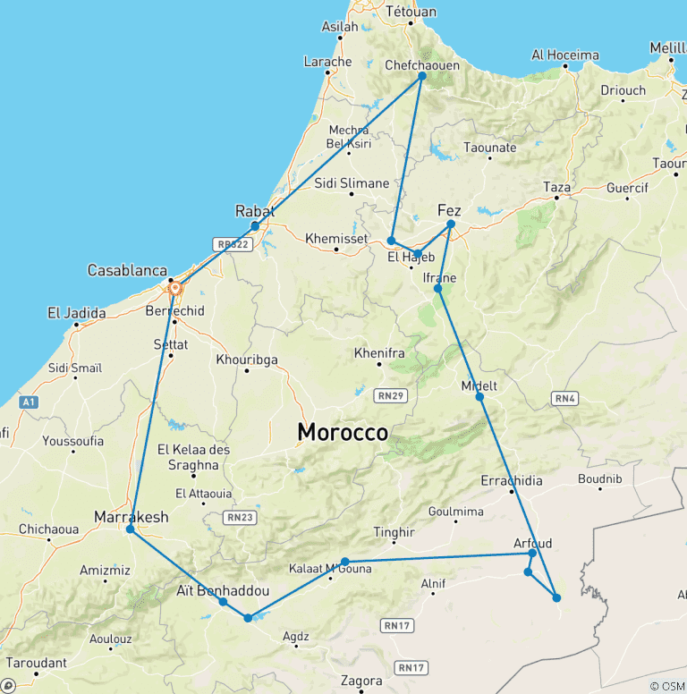Map of 7 Days Morocco Tours From Casablanca