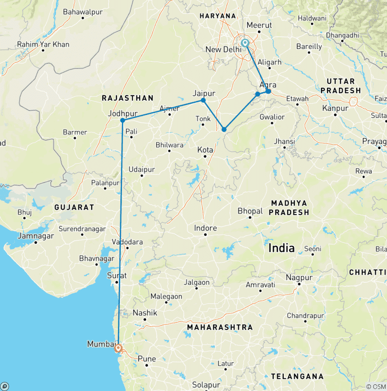 Map of 10 Days Golden Triangle Tour with Mumbai, From New Delhi Airport