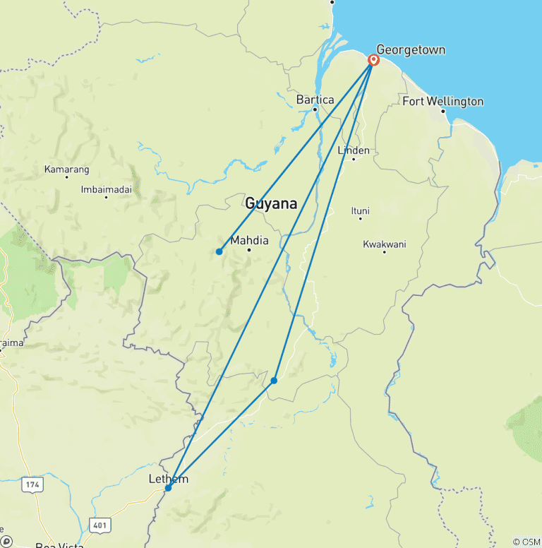 Map of Tailor-Made Adventure to Enchanting Guyana with Daily Departure