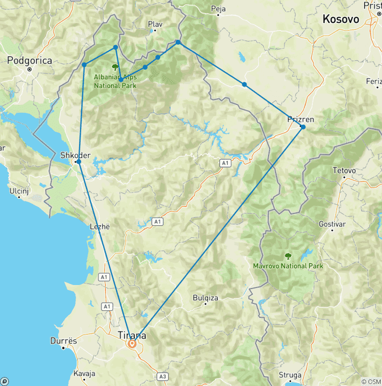 Map of Self-Guided Peaks of the Balkans tour in 7 days