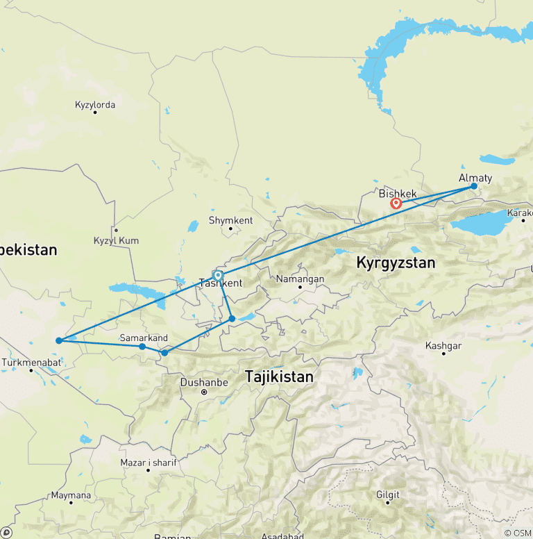 Map of Tour along 4-stans of Central Asia 14 Days