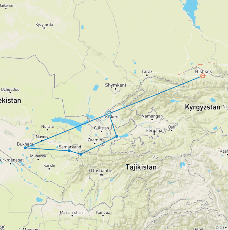 Map of Tour along 3-stans of Central Asia 12 Days: Uzbekistan, Tajikistan, and Kyrgyzstan