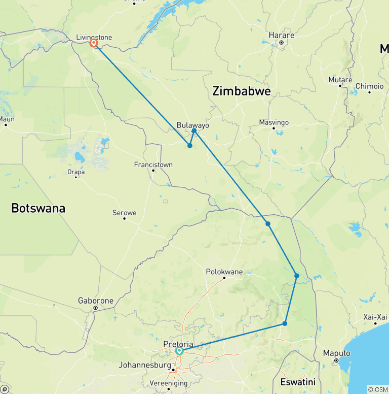 Map of Kruger, Matobo & Falls (Accommodated) - 7 days