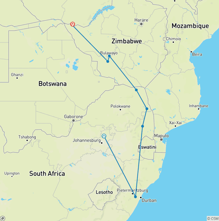 Map of Kruger, Matobo & Falls - 7 days