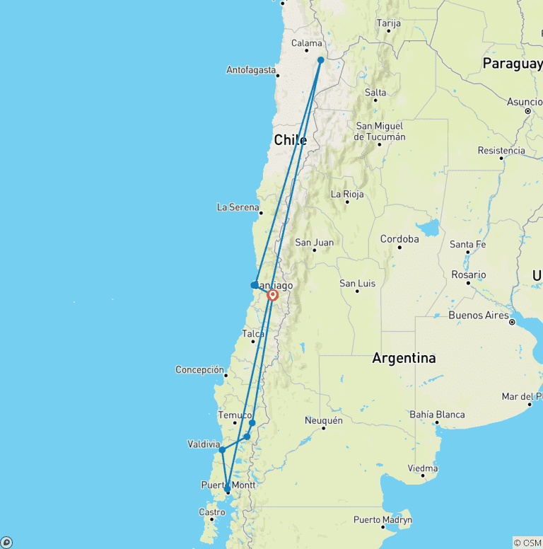 Map of 18 Days Family Road-Trip Adventure in Chile: Santiago, Atacama and Lake Region