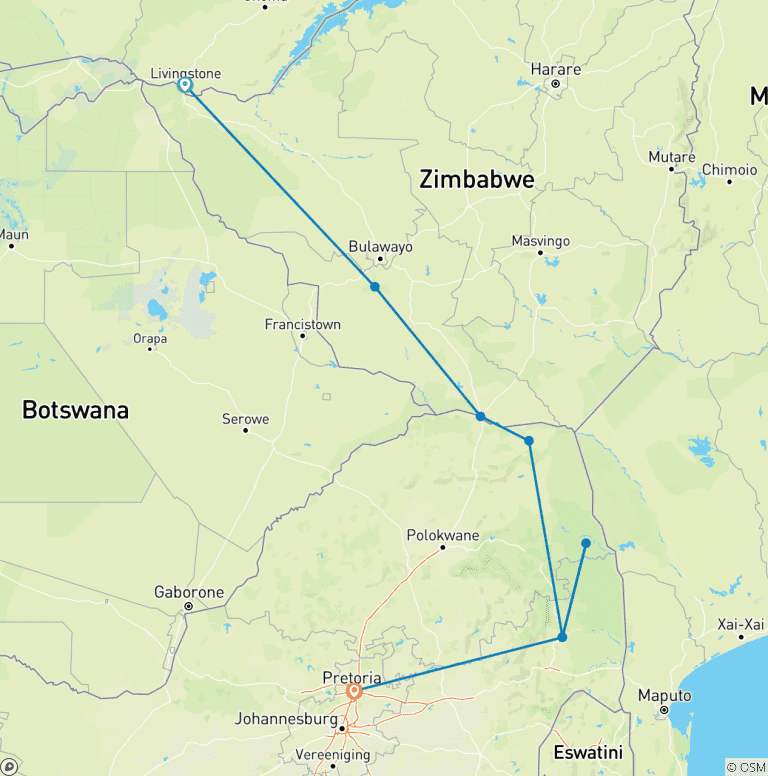 Map of Falls, Matobo & Kruger - 7 days