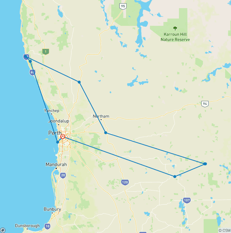 Map of Sunset Pinnacles and Wave Rock Tour