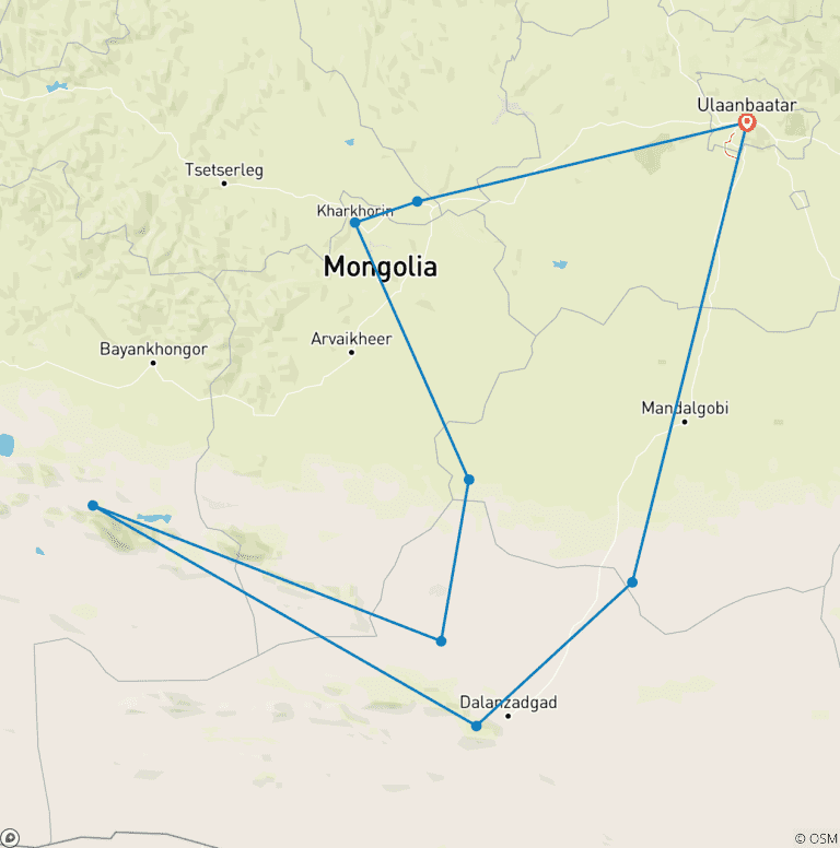 Map of Full Gobi Mongolian 7 Days Tour