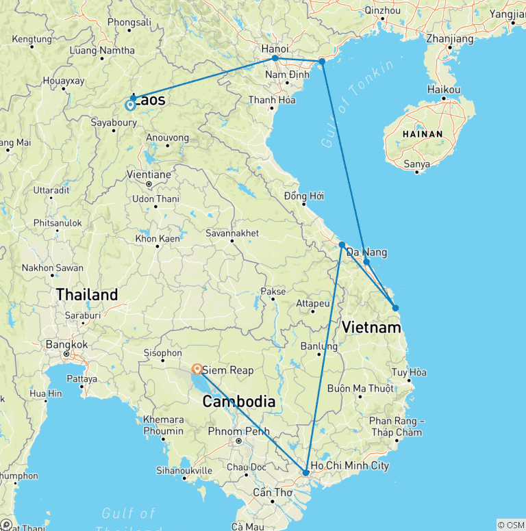 Map of Indochina Adventure Tour  Laos, Vietnam and Cambodia 14 Days/13 Nights