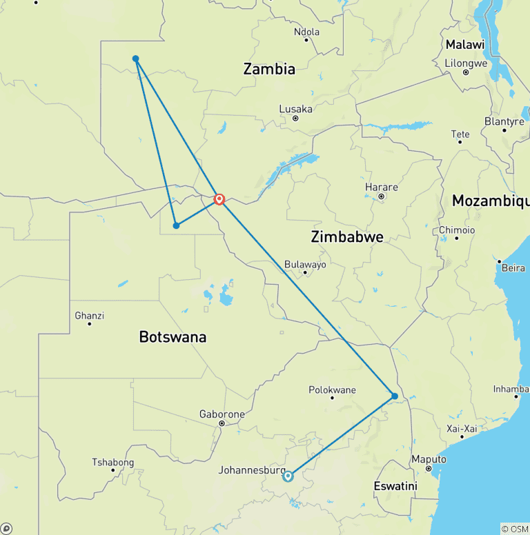 Map of Kruger, Victoria Falls & Chobe Family Adventure 7Days/6Nights