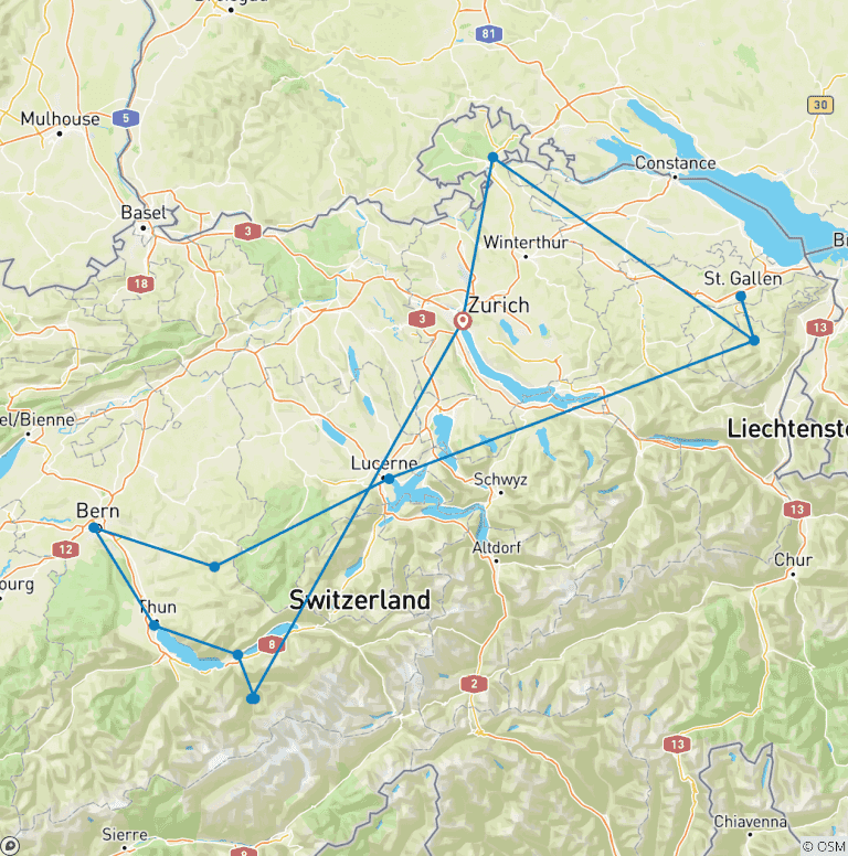 Map of Mountains, Valleys and Lakes of Switzerland